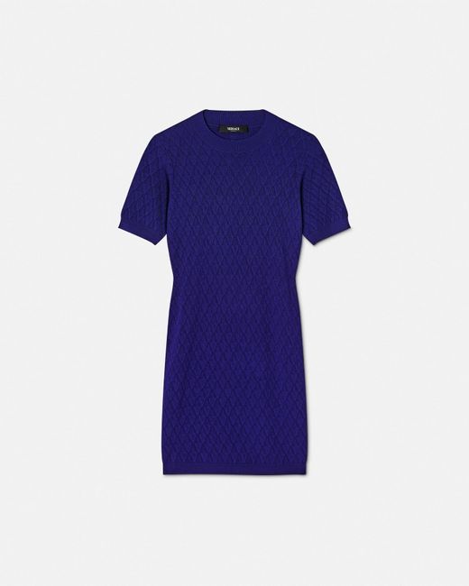 Versace Blue V Allover Jacquard Knit Midi Dress