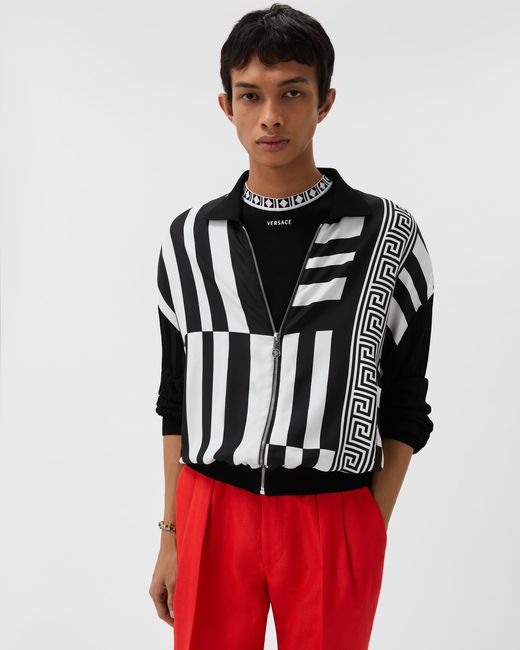 Versace Black Printed Silk Inserts Knit Zip Cardigan for men