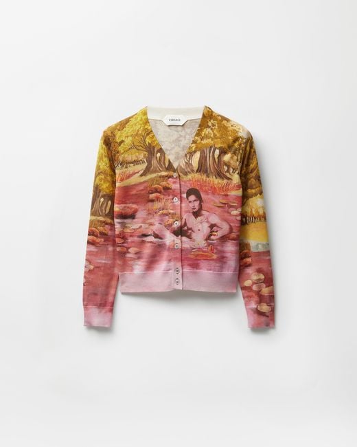 Versace Red Printed Silk Knit Cardigan