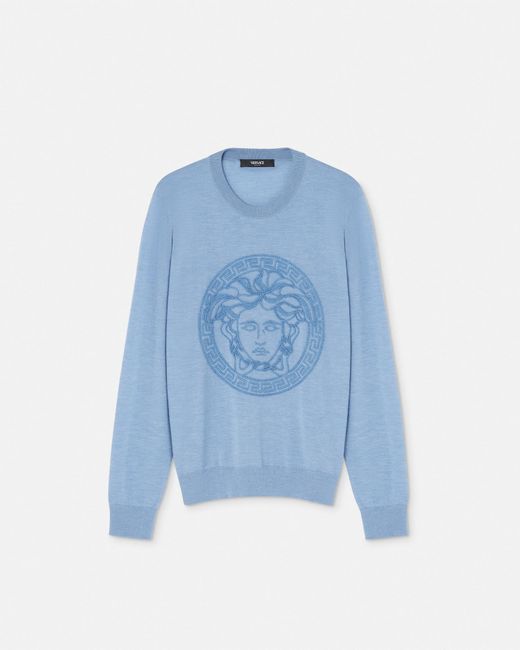 Versace Blue Embroidered Medusa Sweater for men