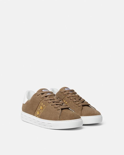 Versace White Greca Embellished Suede Sneakers for men