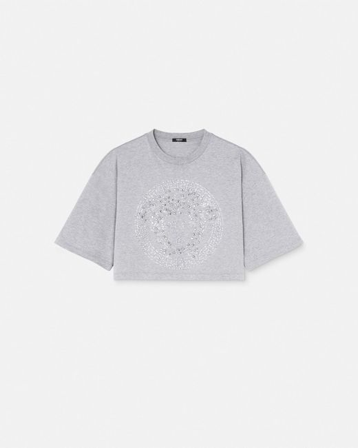 Versace White Crystal Medusa Crop Boxy T-shirt
