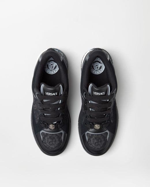 Versace Black Biggie Basket Jacquard Leather Sneakers for men