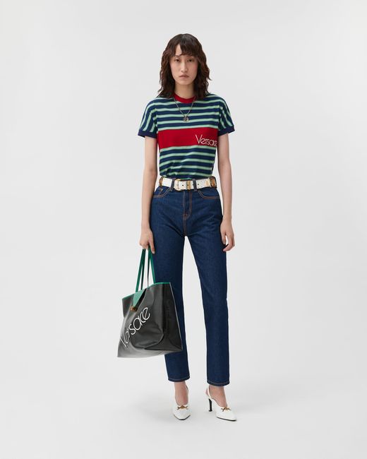 Versace Blue Embroidered-Logo Striped-Intarsia Cotton T-Shirt