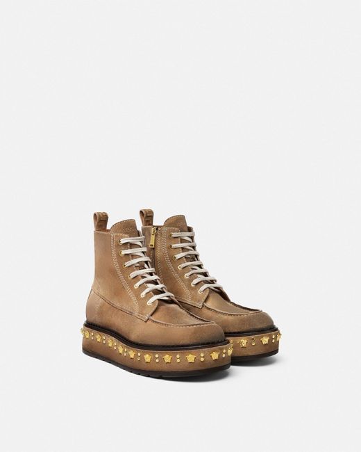 Versace White Studded Stack Suede Lace-Up Boots for men