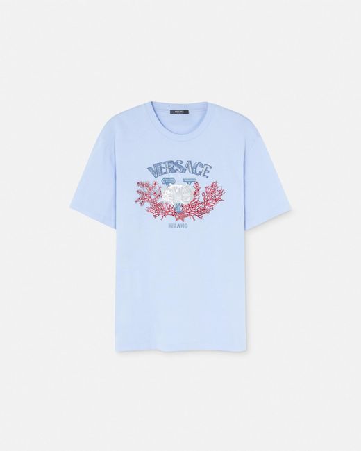 Versace Blue Embroidered University Coral T-shirt for men