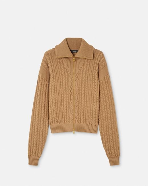 Versace Natural Embroidered Wool Knit Zip Sweater for men