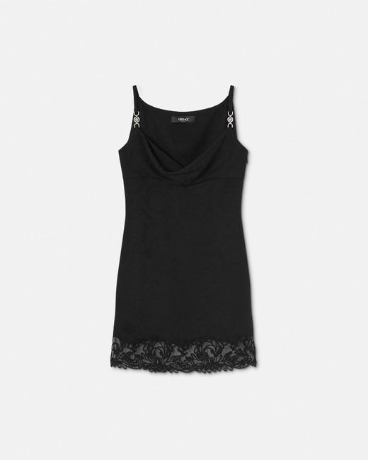 Versace Black Barocco Lace Cowl Slip Mini Dress