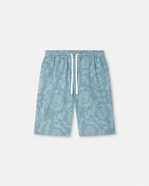 Versace Blue Barocco Jacquard Chambray Denim Shorts for men