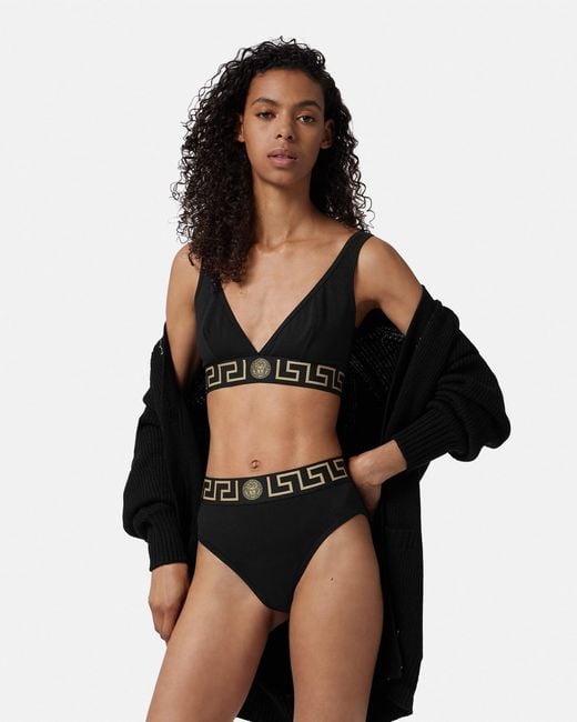 Versace Black Slip De Bain Taille Haute À Bordure Greca