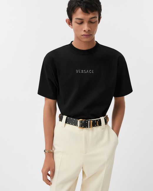 Versace Black Embroidered-Logo Cotton-Jersey Regular T-Shirt for men