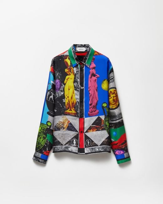 Versace Blue Printed Silk Twill Regular Shirt for men