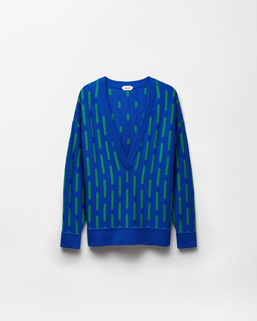 Versace Blue Embroidered-Logo Wool Knit V-Neck Sweater