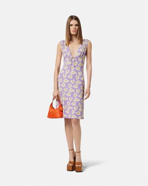 Versace Purple Poppies V-Neck Midi Dress