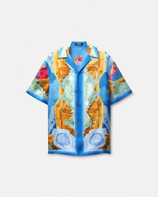 Versace Blue Printed Silk Twill Slim Shirt for men