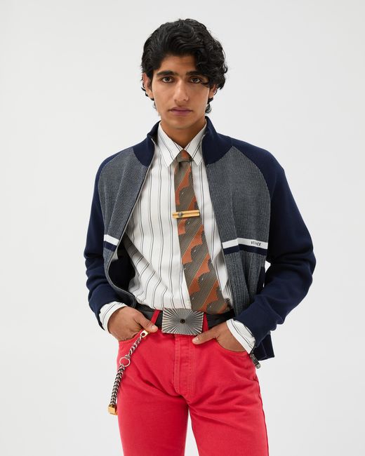Versace Blue Embroidered Jacquard Cotton Knit Zip Sweater for men