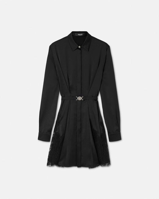 Versace Black Lace-Trim Satin Mini Shirt Dress