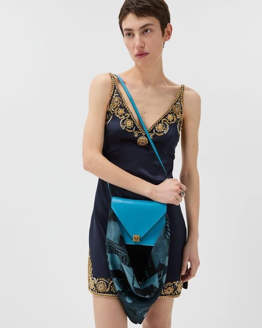 Versace Blue Printed Silk Scarf Charm 55 Cm