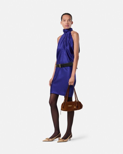 Versace Blue V Allover Jacquard Silk Relaxed Mini Dress
