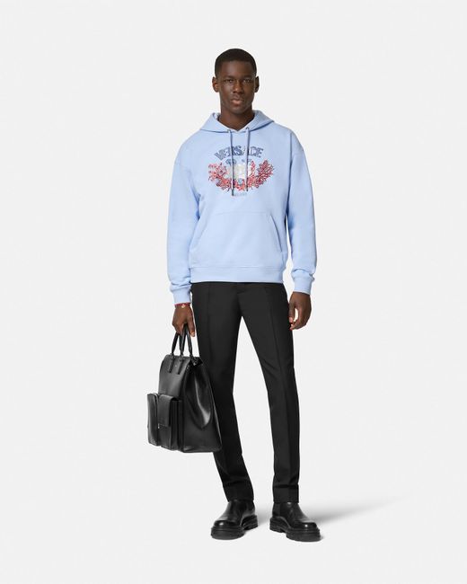 Versace Blue Embroidered University Coral Hoodie for men