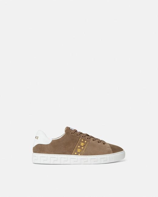 Versace White Greca Embellished Suede Sneakers for men