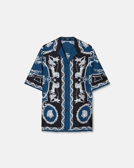 Versace Blue Printed Silk Twill Regular Shirt for men