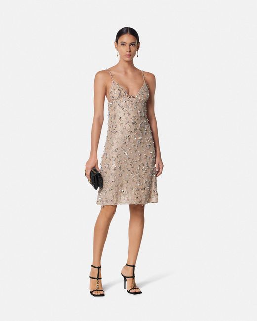 Vestido Midi De Seda Con Adornos Versace de color Natural