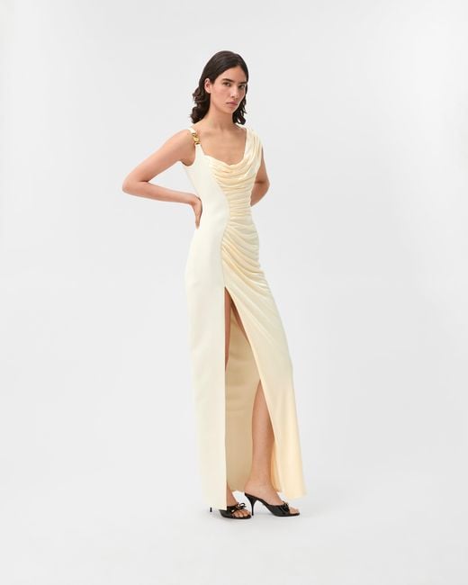 Versace Natural Asymmetric Draped Medusa '95 Dress With Accen