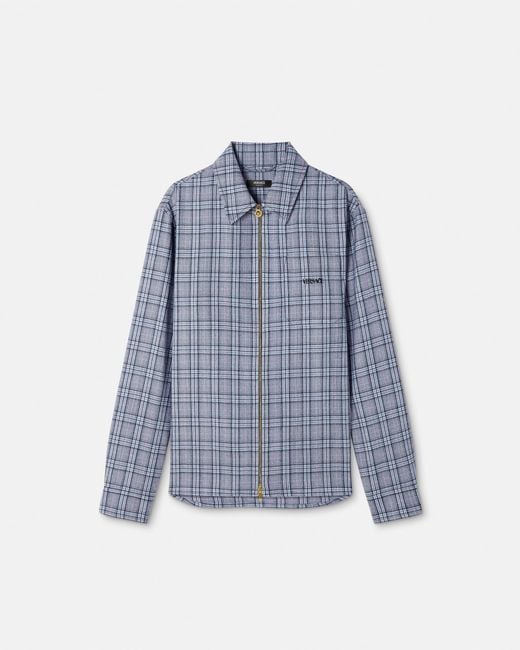 Versace Blue Checked Wool Flannel Zip Overshirt for men