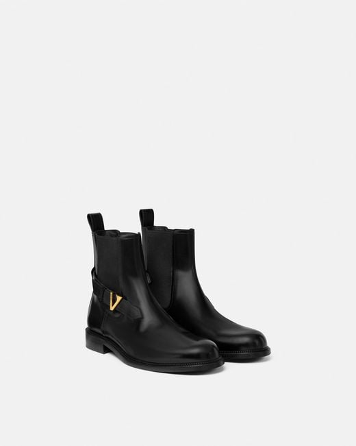 Versace Black V Leather Chelsea Boots for men