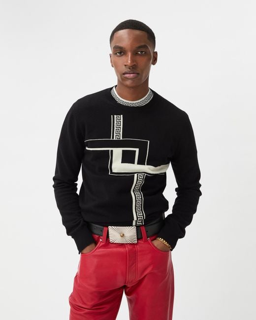 Versace Black Intarsia Cashmere Knit Sweater for men