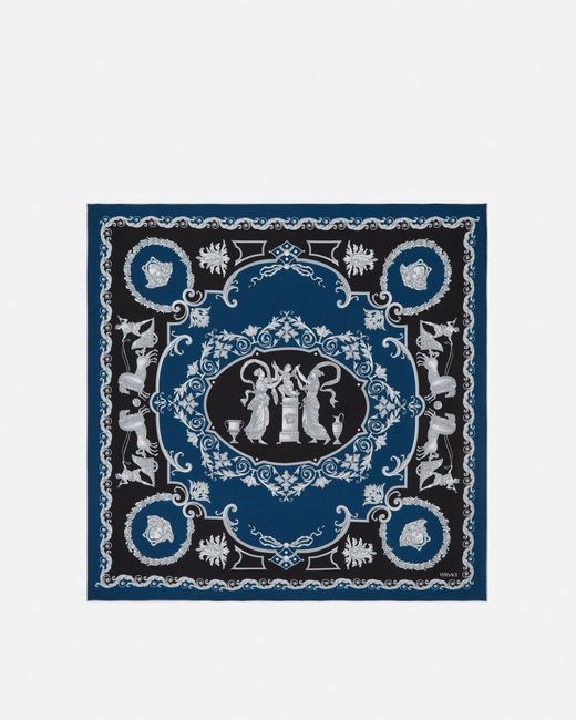 Versace Blue Printed Silk Twill Scarf 90 Cm