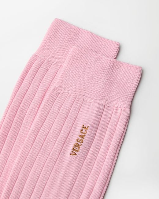 Versace Pink Embroidered Cotton Ribbed Socks