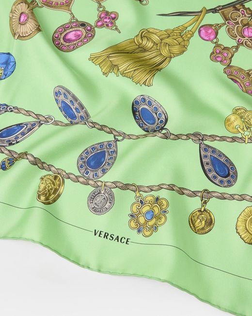 Versace Green Printed Silk Twill Scarf 90 Cm