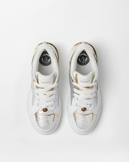 Versace White Biggie Basket Metallic Leather Sneakers for men