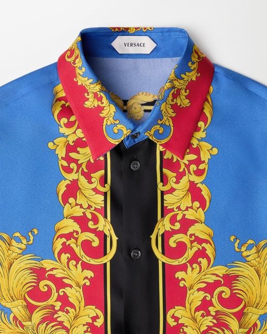 Versace Blue Printed Silk Twill Regular Shirt for men