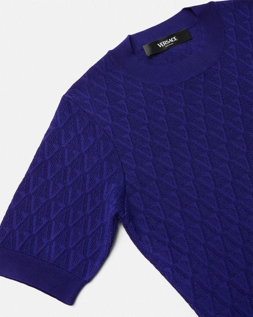 Versace Blue V Allover Jacquard Knit Midi Dress