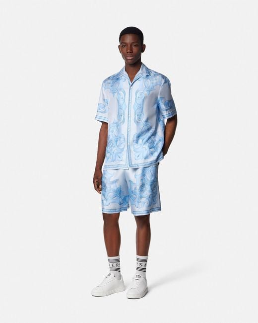 Camicia A Maniche Corte Con Stampa Barocco di Versace in Blue da Uomo