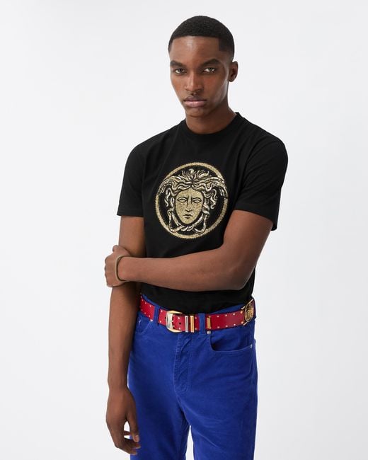 Versace Black Embroidered Cotton-Jersey Slim T-Shirt for men