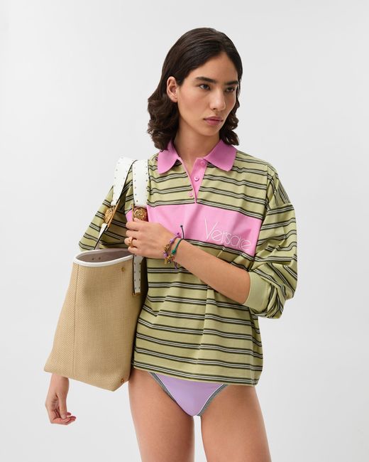 Versace Green Embroidered-Logo Striped-Intarsia Cotton Polo