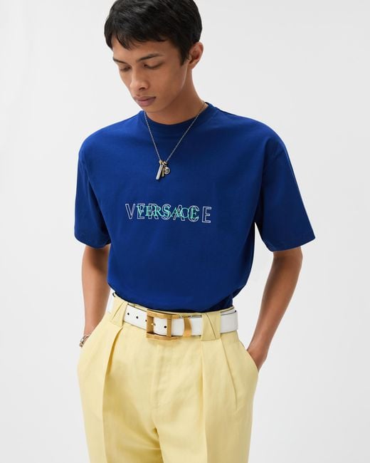 Versace Blue Embroidered-Logo Cotton-Jersey Regular T-Shirt for men