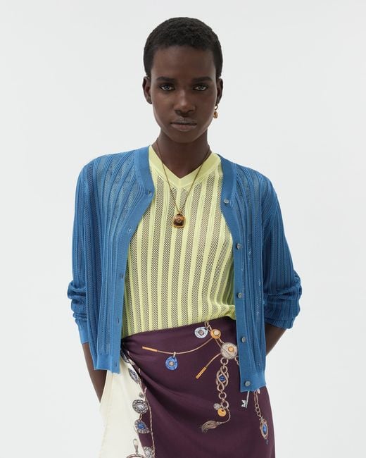 Versace Blue Viscose Mesh Ribbed Knit Cardigan