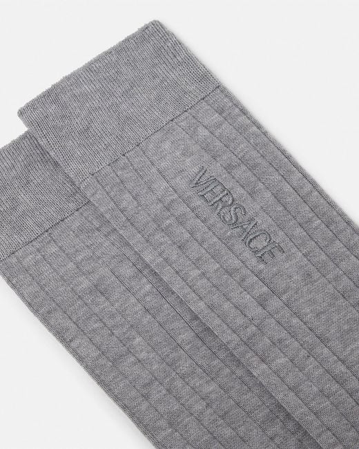 Versace Gray Embroidered Ribbed Cotton Socks for men