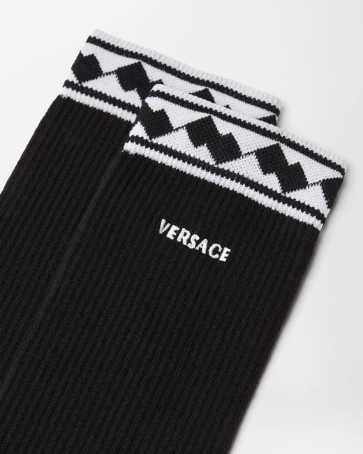 Versace Black Embroidered-Logo Cotton Ribbed Socks for men