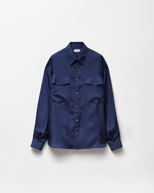 Versace Blue Embroidered-Detail Silk-Poplin Shirt for men