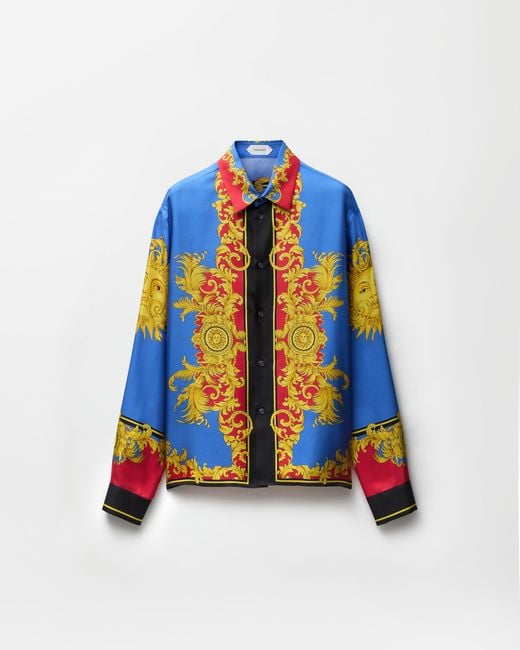 Versace Blue Printed Silk Twill Regular Shirt for men