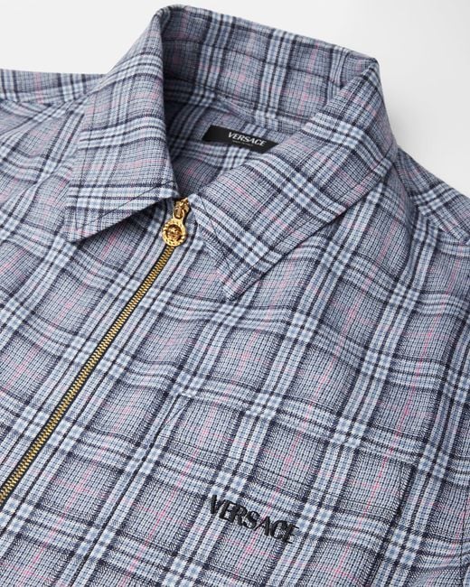 Versace Blue Checked Wool Flannel Zip Overshirt for men