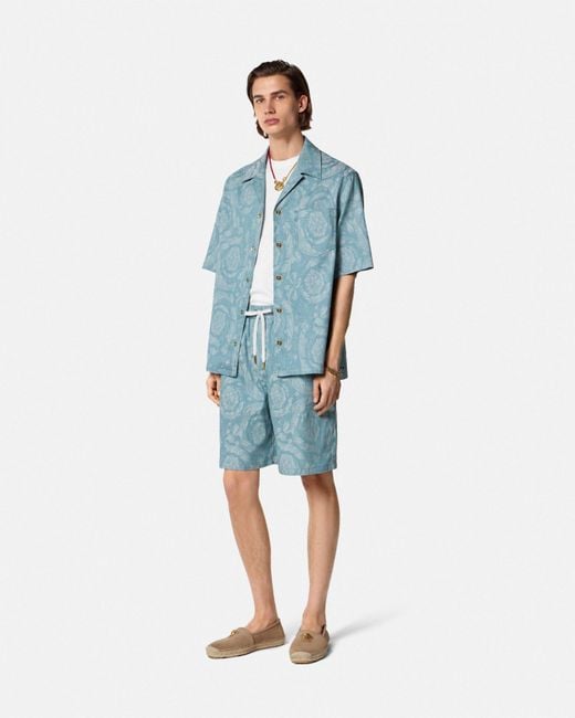 Versace Blue Barocco Jacquard Chambray Denim Shorts for men