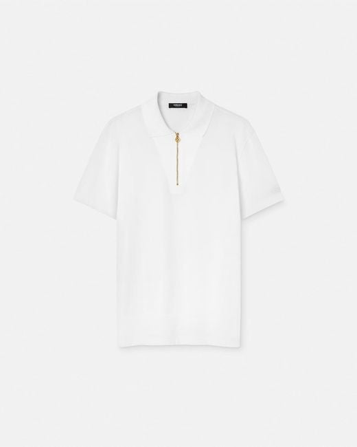 Versace White Embroidered Cotton-Piqué Half-Zip Polo for men