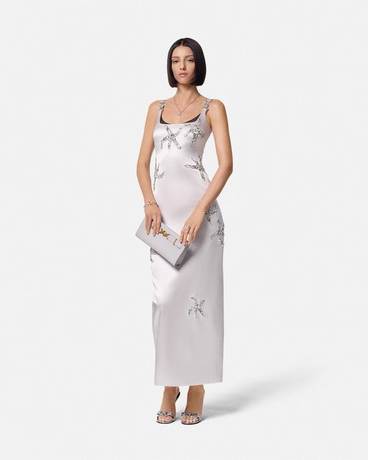 Versace White Embroidered Satin Silk Column Gown